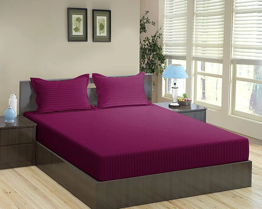 Trance Home Linen 100% Cotton 78x60 inch Queen Fitted 200TC Satin Stripe Elastic Fitted Bedsheet with 2 Pillow Covers Colour Deep Wine