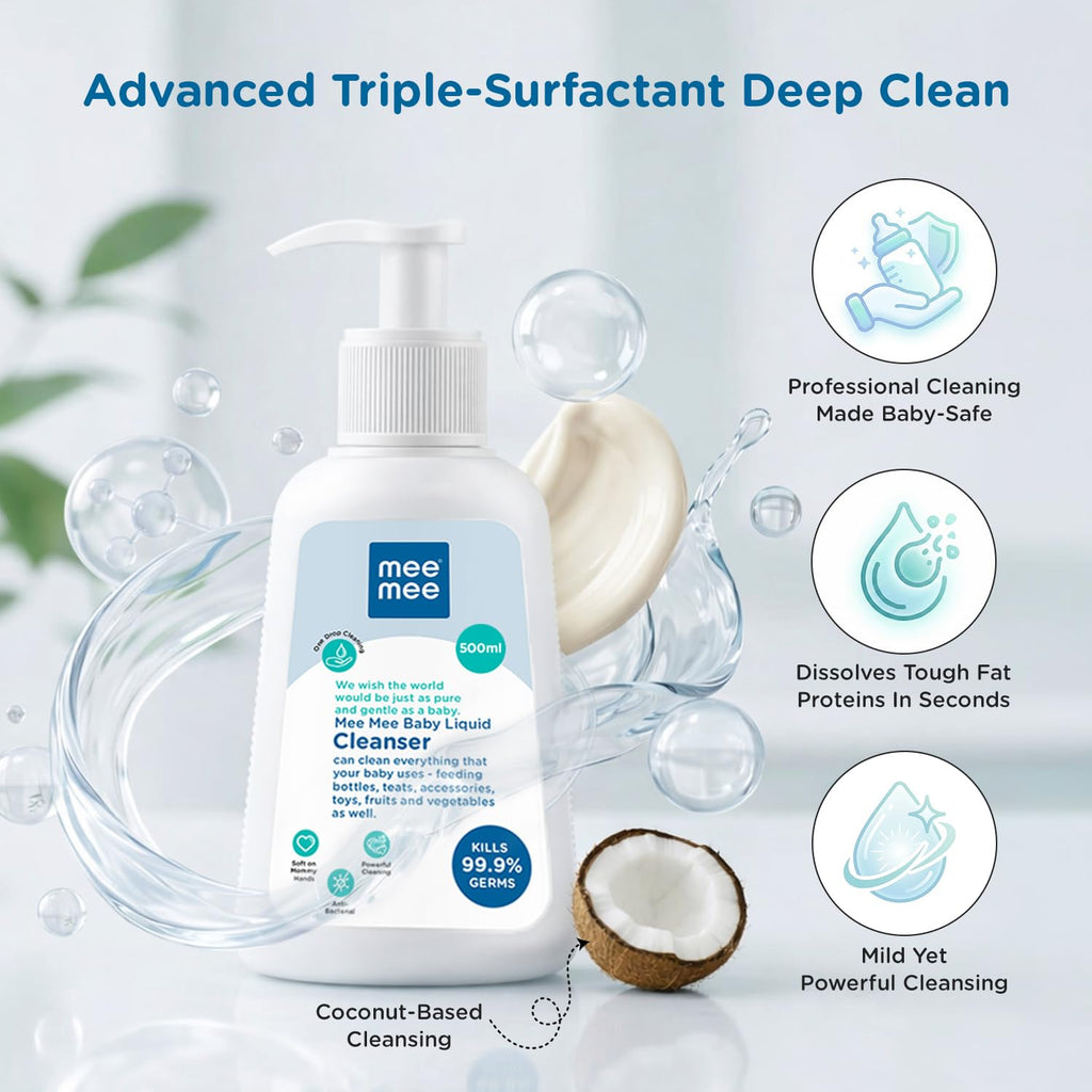 Mee Mee Baby Liquid Cleanser 500 ml, Anti-Bacterial Kills 99.9% Germs | for Bottles, Nipples, Accessories, Toys, Fruits & Vegetables | No Alcohol, Dermatologically Tested