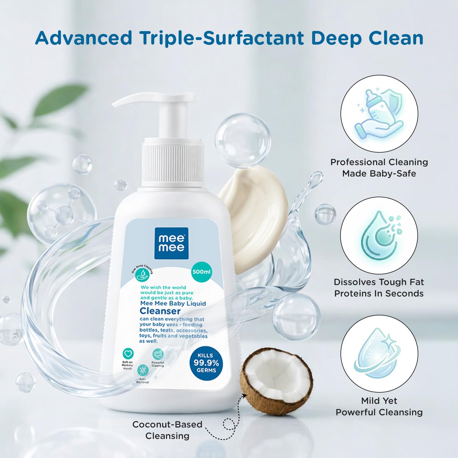 Mee Mee Baby Liquid Cleanser 500 ml, Anti-Bacterial Kills 99.9% Germs | for Bottles, Nipples, Accessories, Toys, Fruits & Vegetables | No Alcohol, Dermatologically Tested