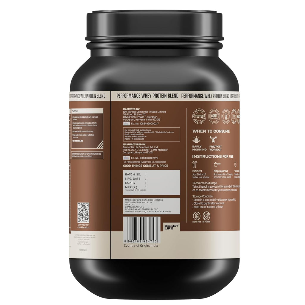 BeastLife Performance Whey Protein Blend | 34g Protein | 5.7g BCAA | 1Kg | Cold Coffee | Muscle Growth & Recovery | Easy to Digest with Ultrasorb Tech | Smooth & Easy to Mix | Contains Whey Protein Concentrate & Yeast Protein