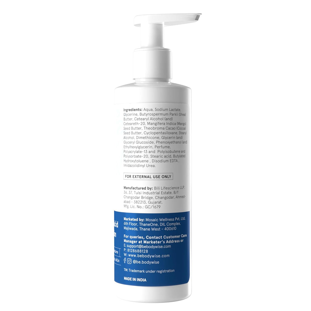 Be Bodywise 5% AHA Lactic Acid Body Lotion with 48Hr Moisturisation 200ml | Dermatologically Tested | Improves Skin Texture & Reduces Appearance of Strawberry Legs | With Lactic Acid, Aloe Vera & Cica Extract