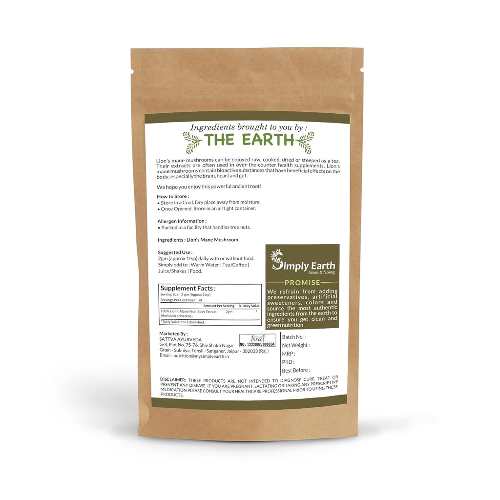 Simply earth Lion's Mane Mushroom Extract Powder 10:1, Improves Memory, Focus, Clarity | 60gm
