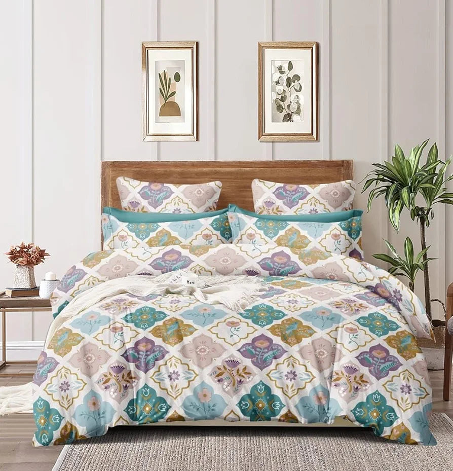 The Home Style Cotton Feel Glace Cotton Elastic Fitted All Around Printed Queen Size Double Bed Bedsheet Wih 2 Pillow Cover Vanilla Haze