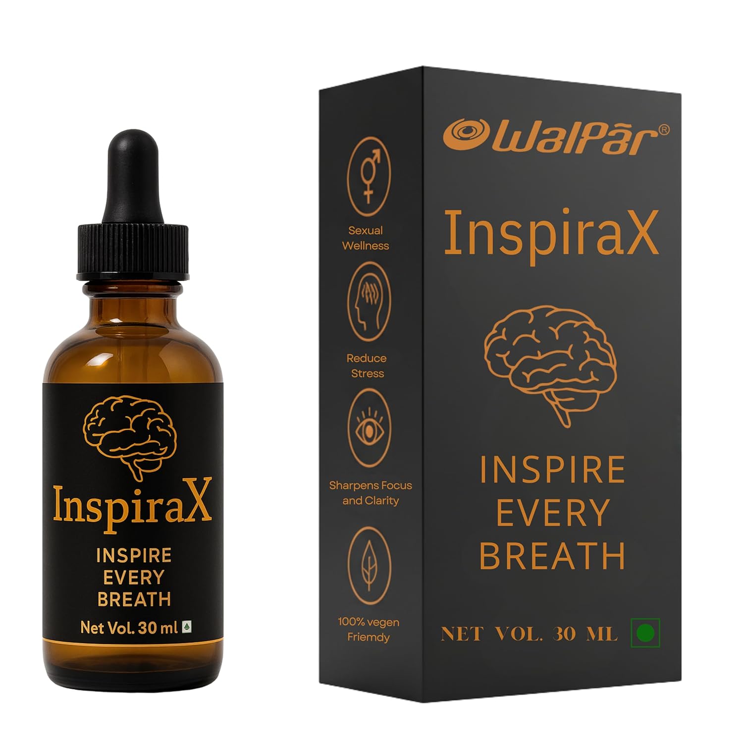 Walpar InspiraX Premium Liquid Drops | Natural Focus Energy Booster Stress Relief | Support Performance enhancer | Peppermint MCT Oil | Vegan WHO-GMP Certified | 60 Servings
