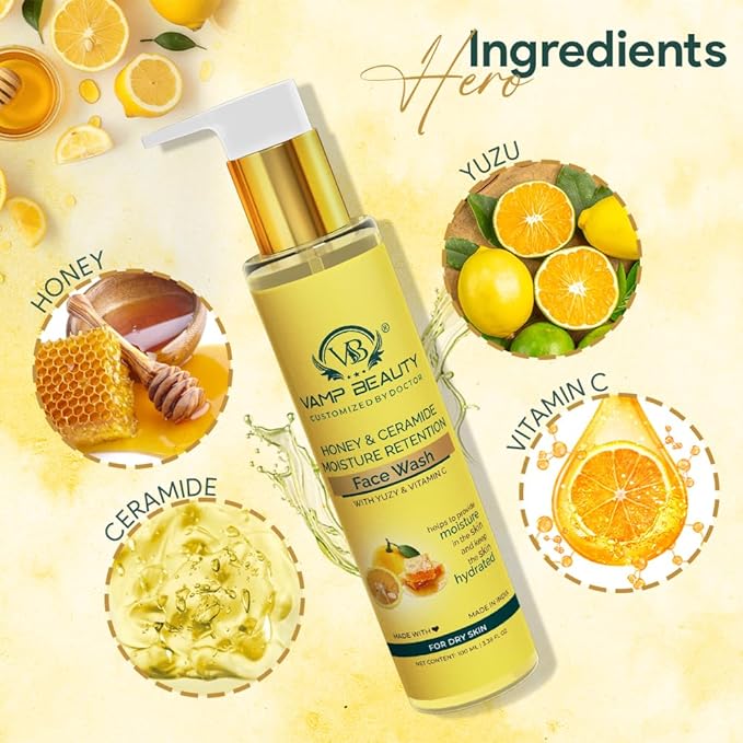 Vamp Beauty Honey & Ceramide Moisture Retention Face Wash With Goodness of Yuzu & Vitamin C - 100 Ml