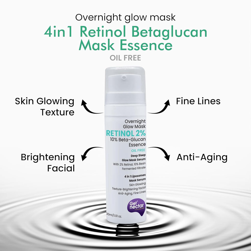 Get Nectar Happiness Overnight Glow Mask Night Serum 2% Retinol (Oil Free) with Beta-glucan & Bean Essence for Anti-Aging, Fine Lines, Wrinkles & Younger-Look (30ml)