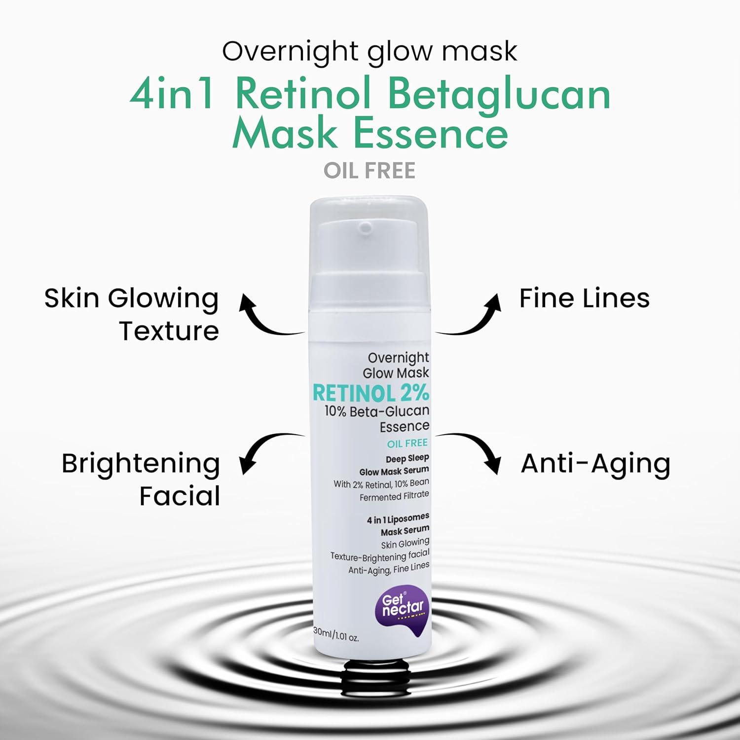 Get Nectar Happiness Overnight Glow Mask Night Serum 2% Retinol (Oil Free) with Beta-glucan & Bean Essence for Anti-Aging, Fine Lines, Wrinkles & Younger-Look (30ml)
