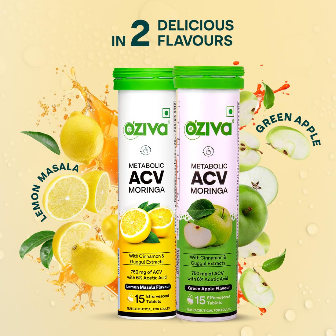OZiva ACV Moringa | Control Cravings I Apple Cider Vinegar, Cinnamon, Guggul I No Maltodextrin & No Added Sugar I 15 Effervescent Tablets - Lemon Masala, Pack of 2 (30 Tablets)