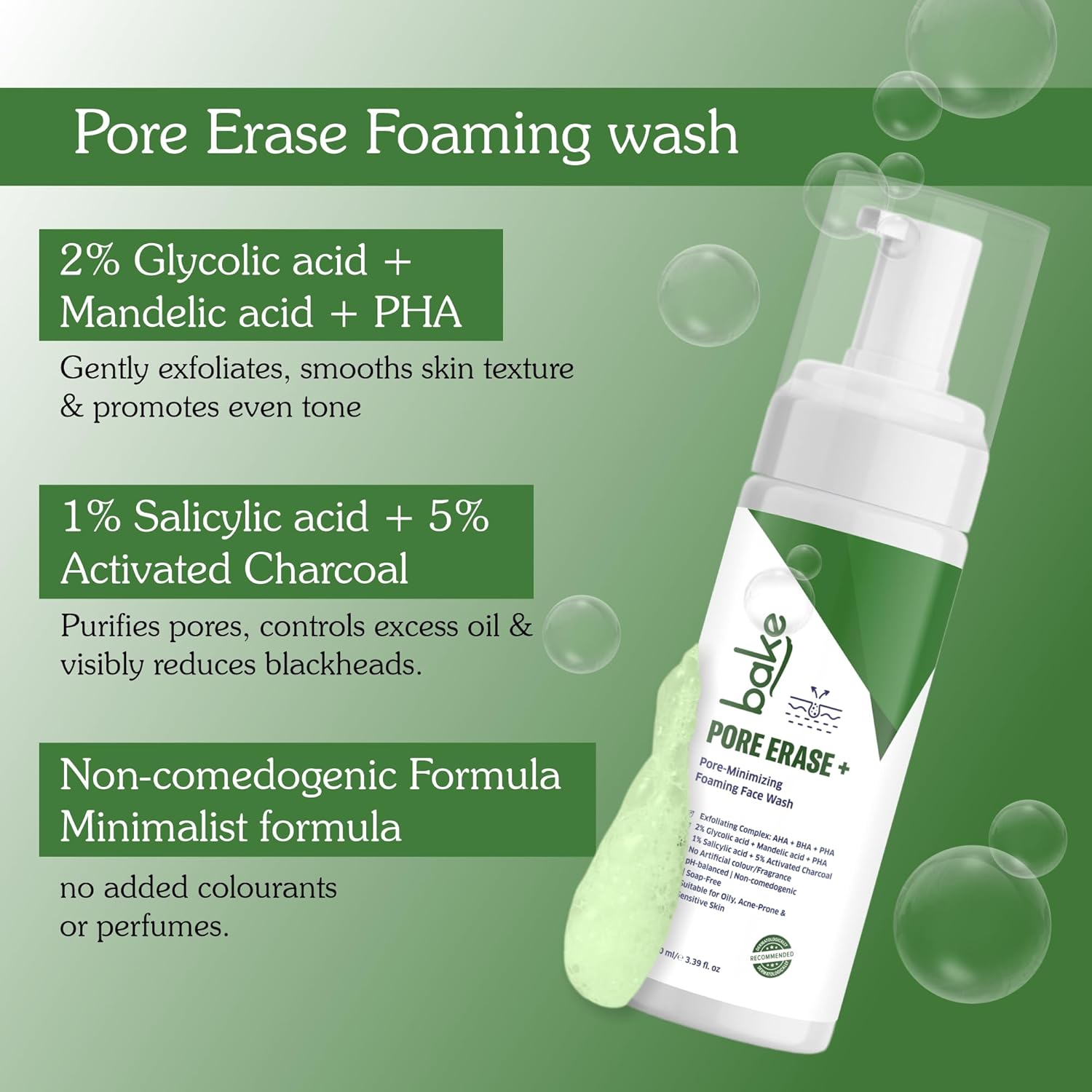 BAKE Pore Erase Foaming Face Wash with 2% Glycolic Acid, 1% Salicylic Acid & Mandelic Acid | Unclogs Pores, Reduces Blackheads & Whiteheads, Controls Sebum | For Oily, Acne Prone & Combination Skin â€“ 100ml