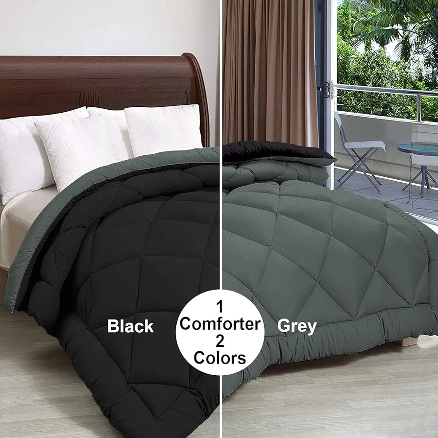 Cloth Fusion Reversible AC Comforter Set Double Bed Soft Microfibre King Size Quilt Blanket for Winter Black & Grey