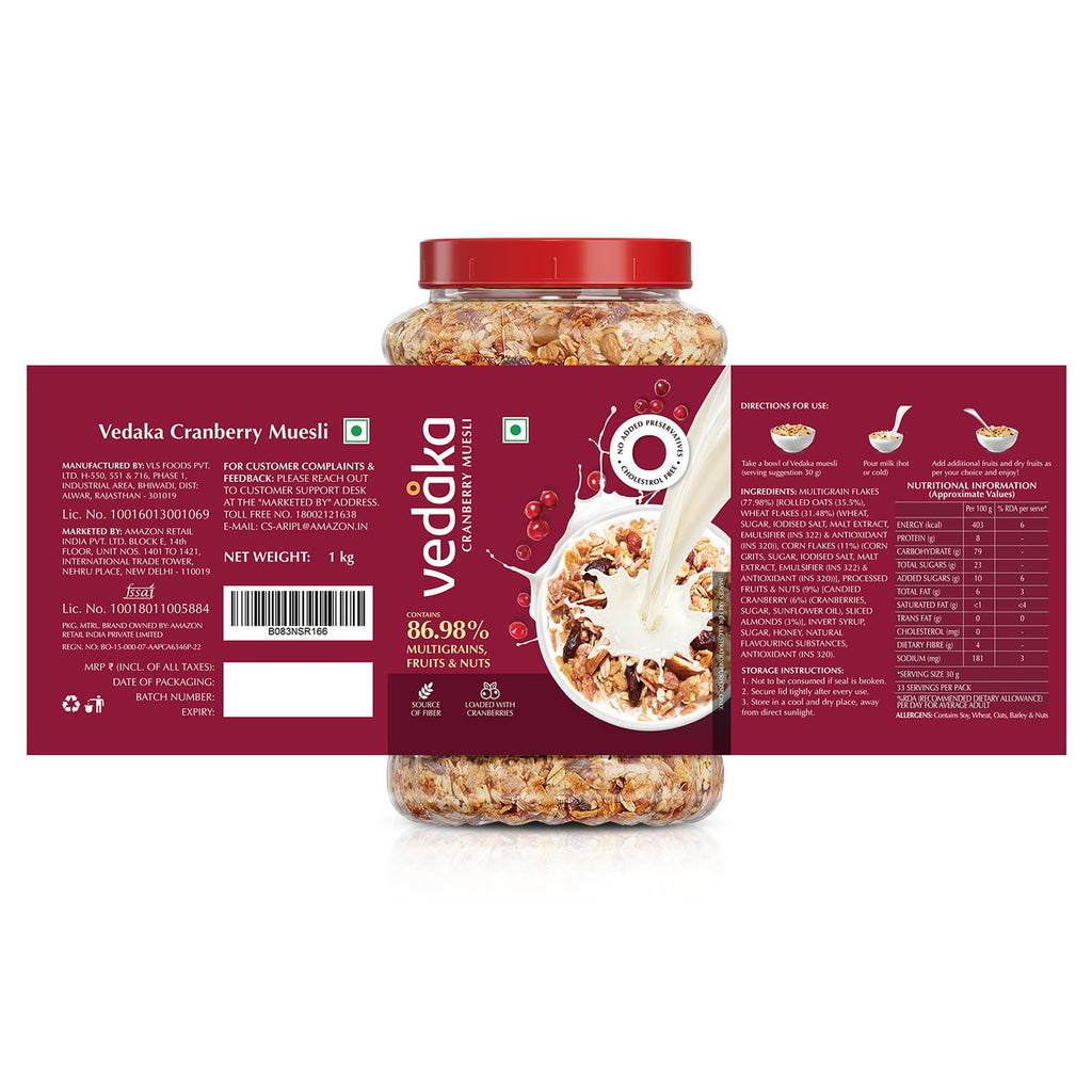 Vedaka Cranberry Muesli | 1 Kg | Jar | Contains 86.98% Dry Fruits, Nuts and Multigrains | Loaded with Cranberries | Source of Fiber | No Added Preservatives | Breakfast Cereal