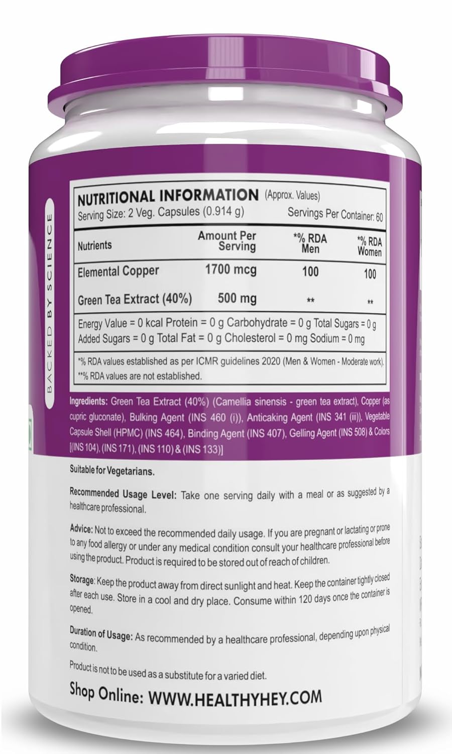 HealthyHey Nutrition Chelated Copper Gluconate - Highly Bioavailable Form - Non-GMO, Gluten Free -120 Veg. Capsules