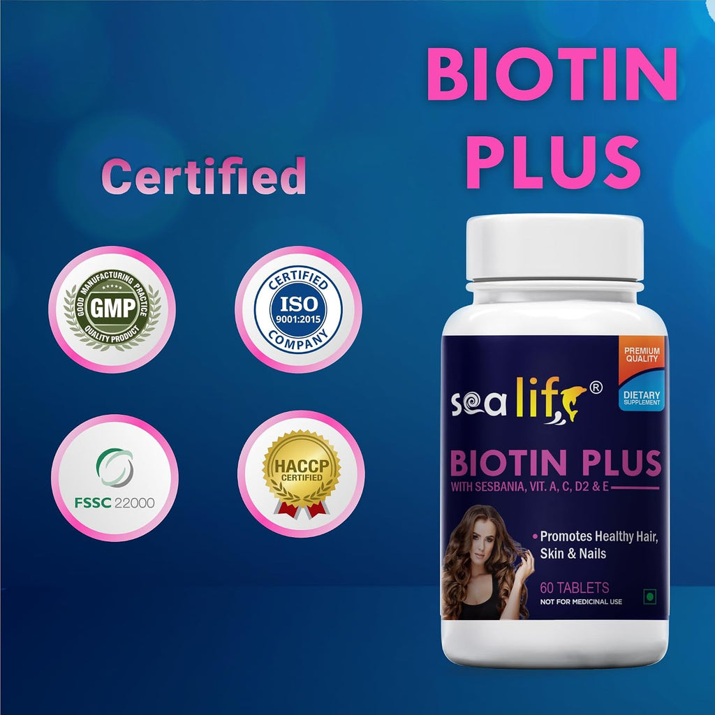 Sea Life Biotin Plus Tablets Prevent Hair Loss and Promotes Healthy Hair Growth | Glowing Skin And Longer Nails with Multivitamins & Sesbania Extract (60 Tablets Each) For Men and Women (Pack of-1)