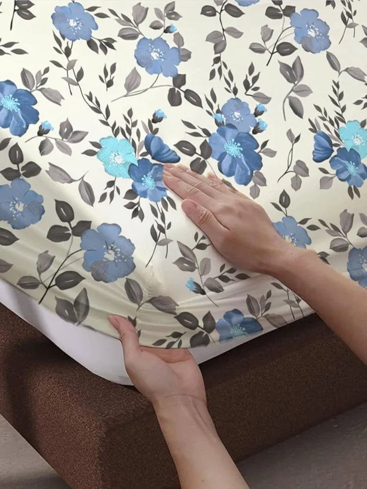 Trance Home Linen 180Tc 100% Cotton 78"X72" Standard King Size Elastic Fitted Bedsheet Printed King Bed Size With 2 Pillow Covers 180 tc Colour Blooms Blue