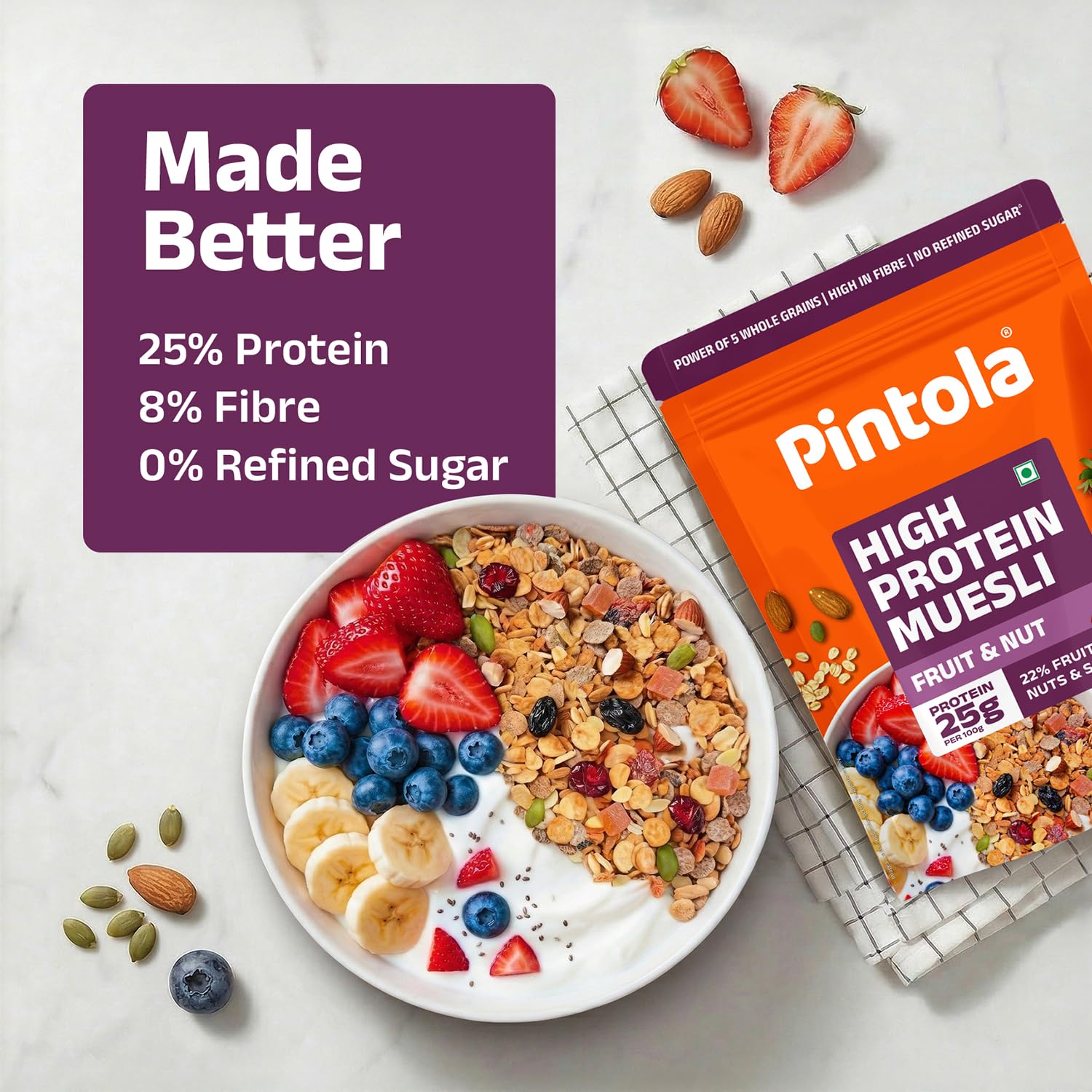 Pintola 25g High Protein Fruit & Nut Muesli 400g, Naturally Sweetened with Organic Jaggery & Dates, No Refined Sugar, Gluten-Free, Breakfast Cereal