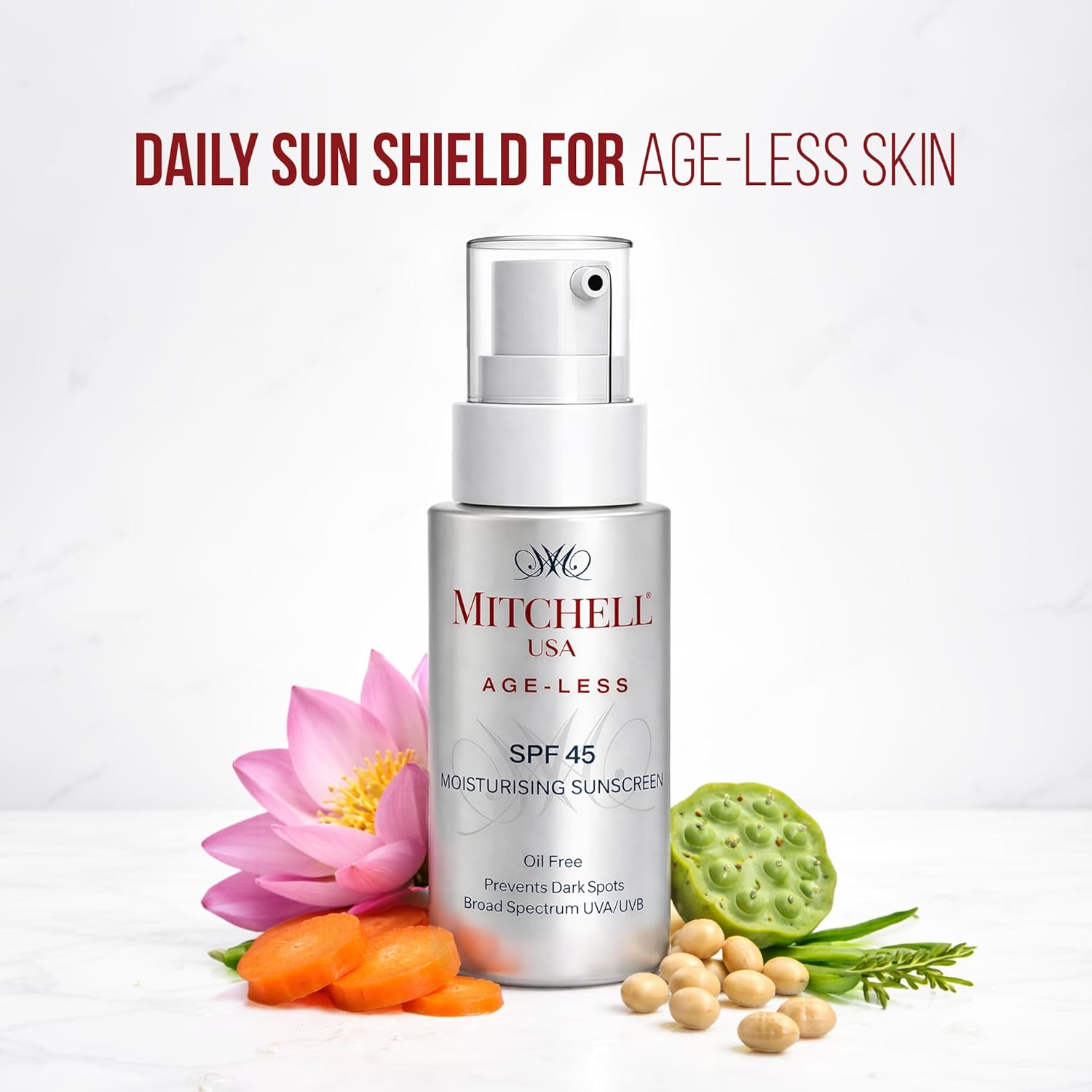Mitchell USA Ageless Anti Aging Face Sunscreen SPF 45 | UVA/UVB Protect | Vitamin E, Carrot, Soyabean & Lotus Seed Extract | For All Skin Types of Men & Women | Alternative to Sunscreen SPF 50 | 50ml