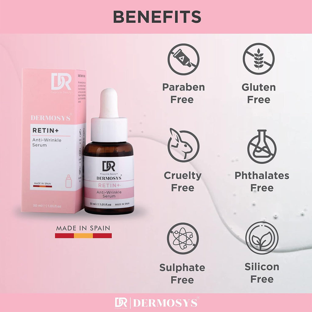 DERMOSYS Anti Wrinkle + Retinol Serum | 30ml Retinyl Palmitate | Anti Aging Serum for Daily Use | Sulphate & Paraben Free | Lift & Firm Skin | For All Skin Types - 30ml