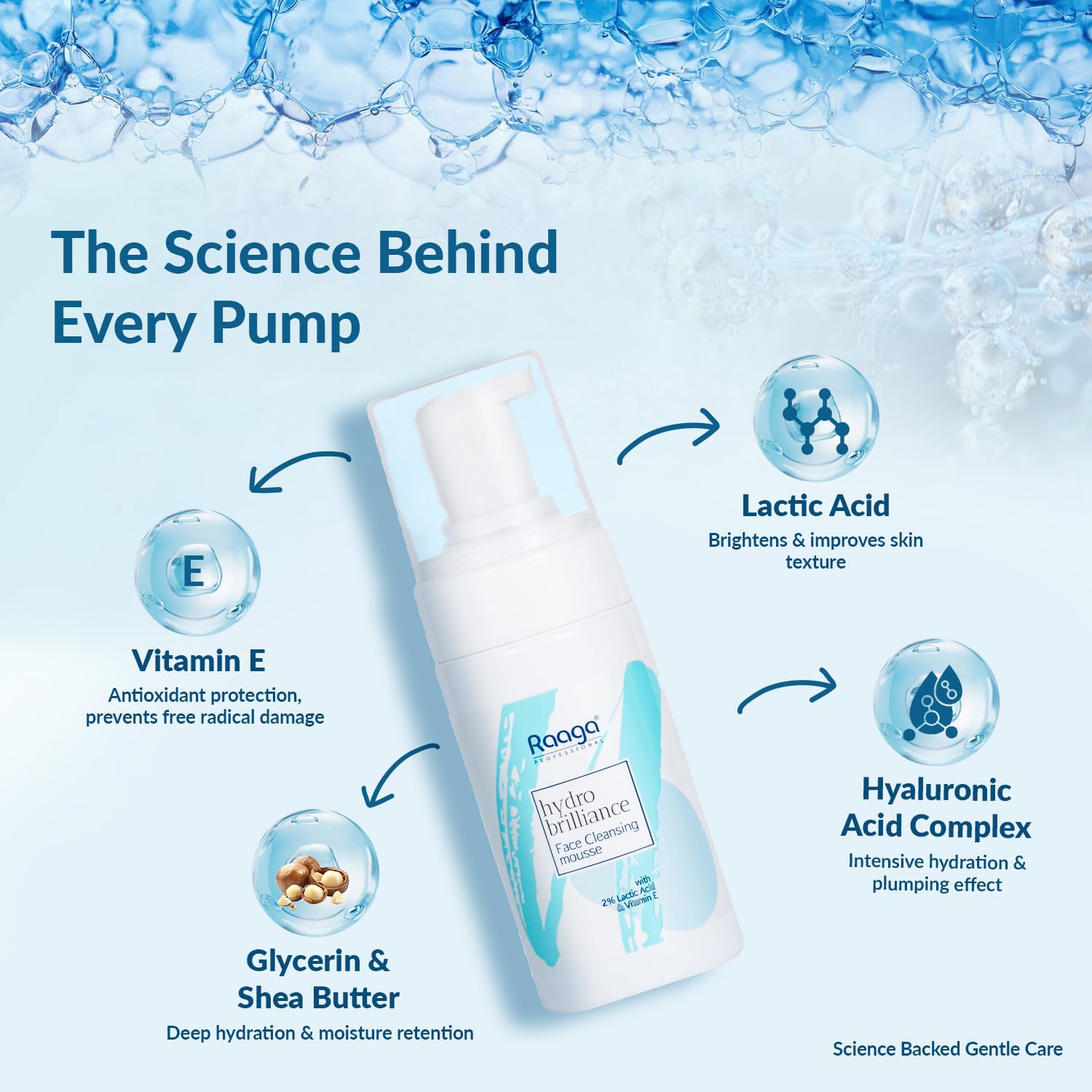 Raaga Professional Hydro Brilliance Face Cleansing Mousse with 2% Lactic Acid and Vitamin E | Paraben Free, Sulphate Free, Dermatologically Tested (100 ml)