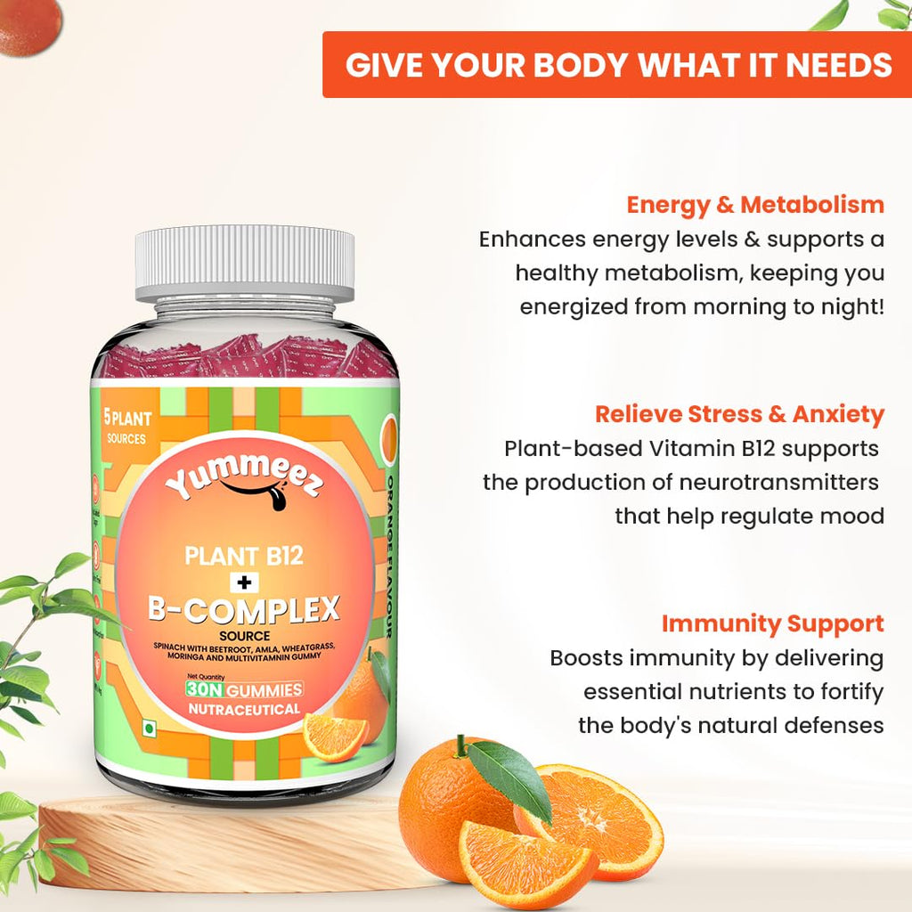 NATURYZ Plant-Based Vitamin B12 + B-Complex Gummies for Vegetarians | Energy, Mood & Metabolism Support | With Spinach, Moringa & Beetroot | No Gelatin, No Added Sugar | 30 Orange Gummies
