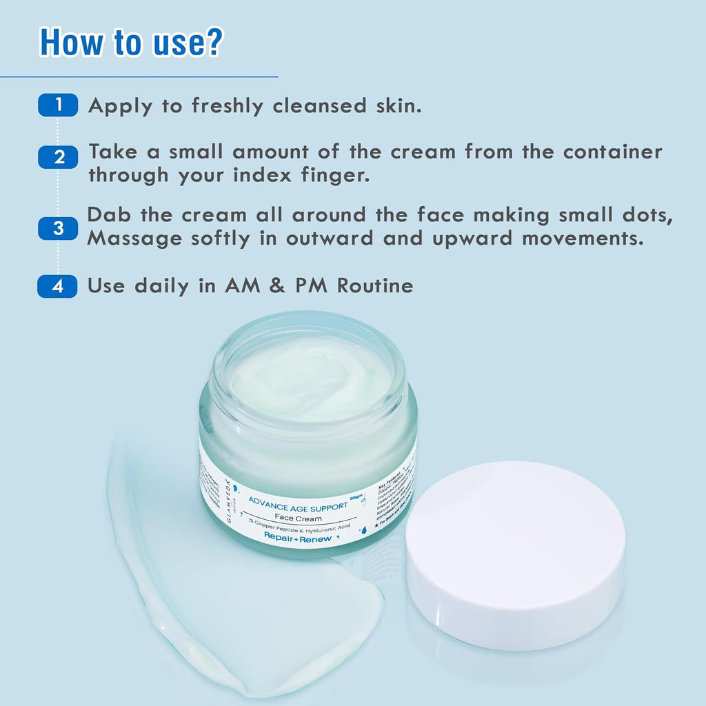 Glamveda 1% Copper Peptide & Hyaluronic Acid Moisturizer Cream- 50g | Reduces Fine Lines & Wrinkles Deep Moisturizing Face Cream | For Men & Women | All Skin Type