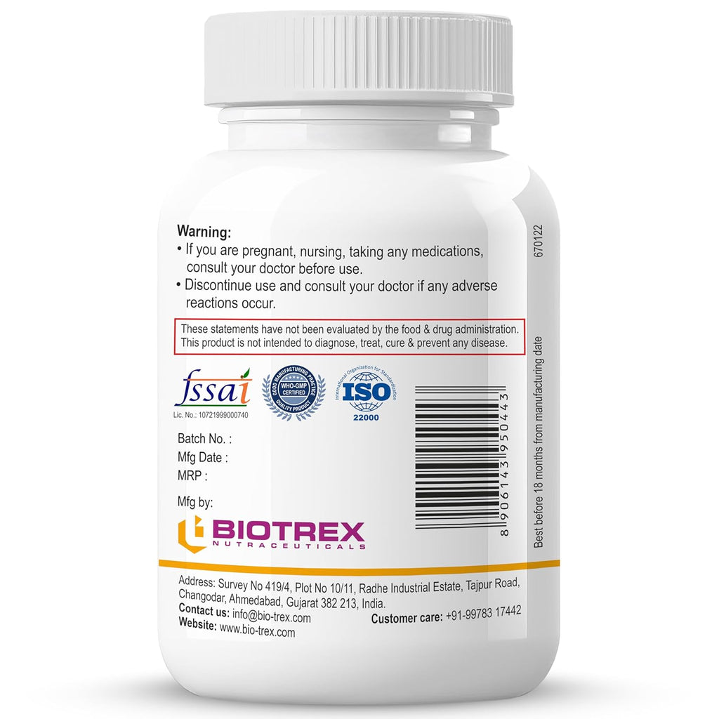 Biotrex Nutraceuticals Glycine Amino Acid 500mg | Support Muscle, Brain and Sleep Health | Better Immune System, Metabolic & Digestive Health | Lab Tested | 60 Veg Capsules
