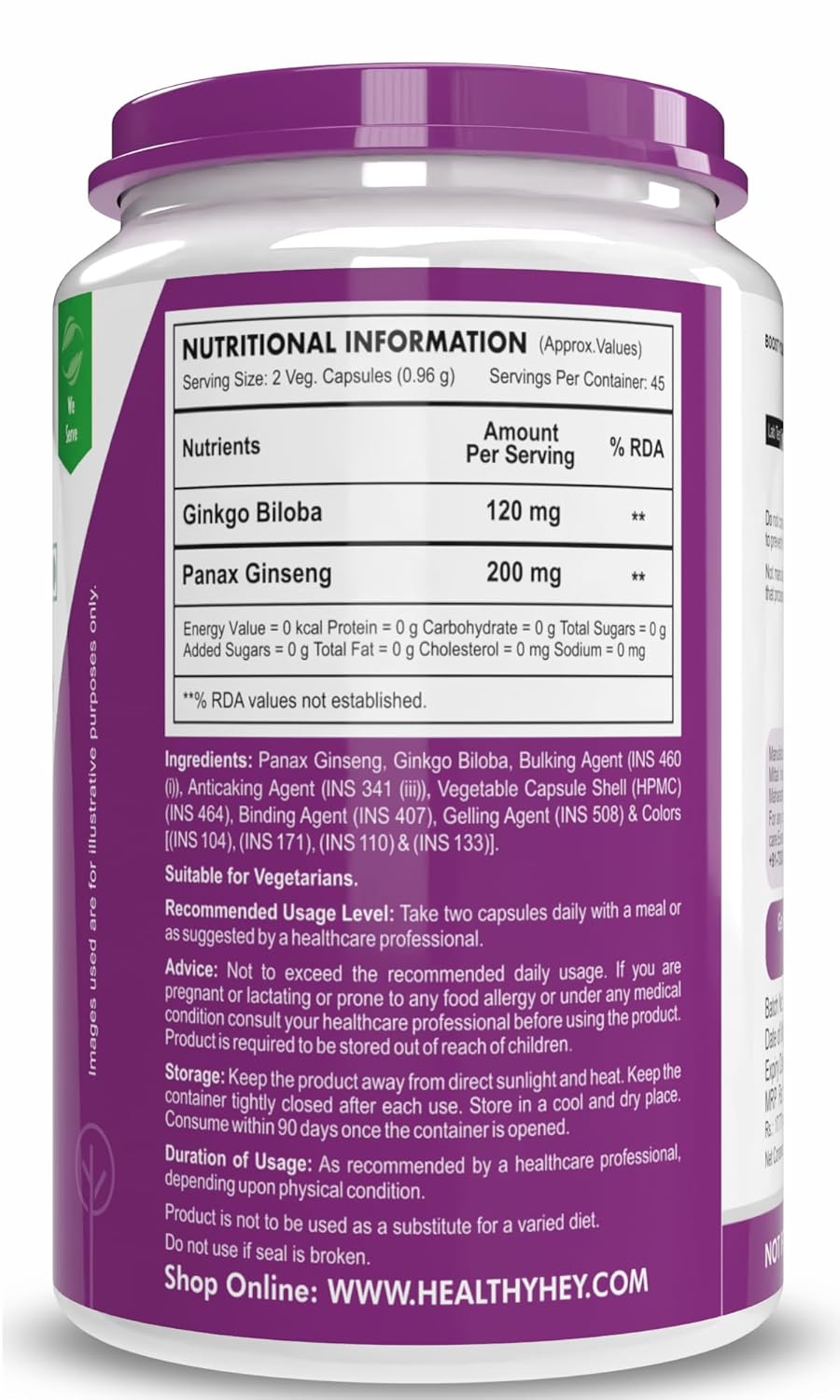 HealthyHey Ginseng + Ginkgo Biloba - Improves Memory & concentration- 90 Veg Capsules