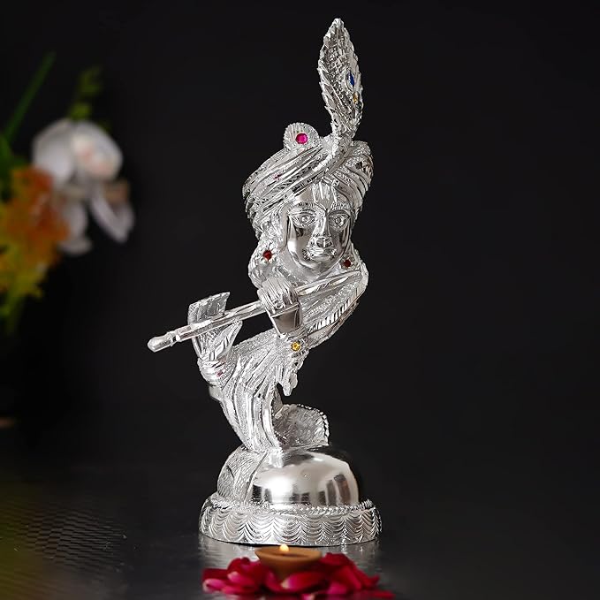 Ecraftindia Silver Metal Handcrafted Lord Krishna Playing Flute Statue | Decorative Showpiece