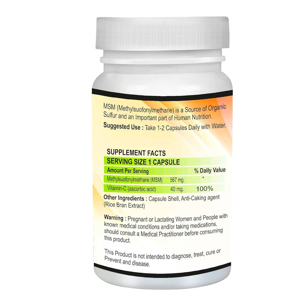 Vitaruhe® MSM Capsules with Vitamin C, 90 Capsules for 3 Months, Daily High Dose of Organic Sulfur Powder, 99.9% Pure Methylsulfonylmethane