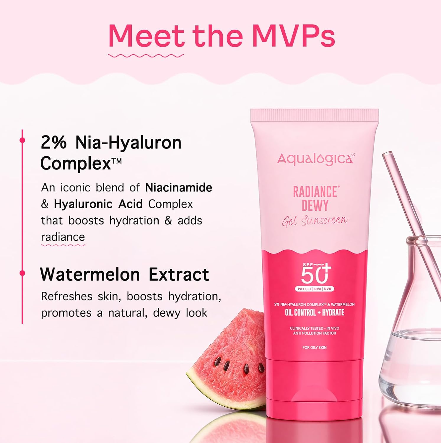Aqualogica Radiance+ Dewy Gel Sunscreen SPF 50+ PA++++, 80g | 2% Nia-Hyaluron Complex | Broad Spectrum UVA/UVB & Blue Light Protection | Fragrance-Free | No White Cast | Lightweight | Anti-Pollution | For Men & Women