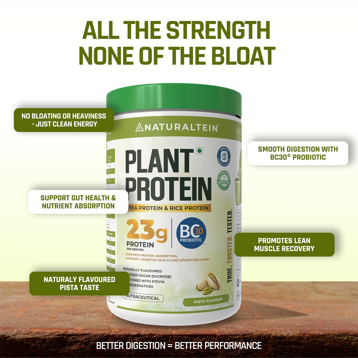 NATURALTEIN Plant Protein | 23g Clean Vegan Protein with BC30 Probiotic | Natural Pista Flavour | Supports Strength, Energy & Gut Health | No Added Sugar, 100% Natural & Easily Digestible