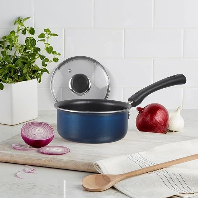 Vinod Zest Aluminium Non Stick Saucepan With Glass Lid - 1.4 Litres | 14cm | Milk/tea Pan | Sauce Pot With Lid | 3mm Thick | 3 Layer Coating