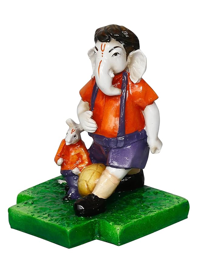 Ecraftindia Handcrafted Polyresin Lord Ganesha Idol Playing Football With Mushak Statue for Sports Enthusiasts and Ganesha Devotees