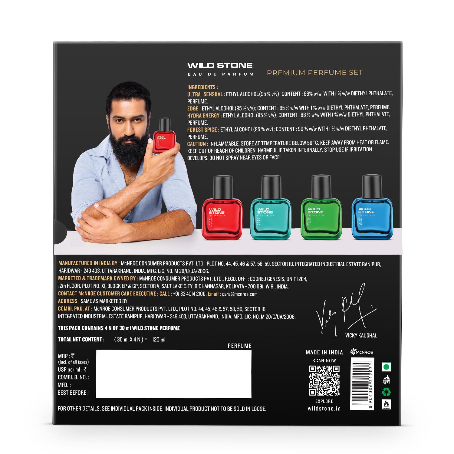 Wild Stone Edge, Forest Spice, Hydra Energy and Ultra Sensual Perfume Combo for Men, Long Lasting Smell | Pack of 4 (30ml each)