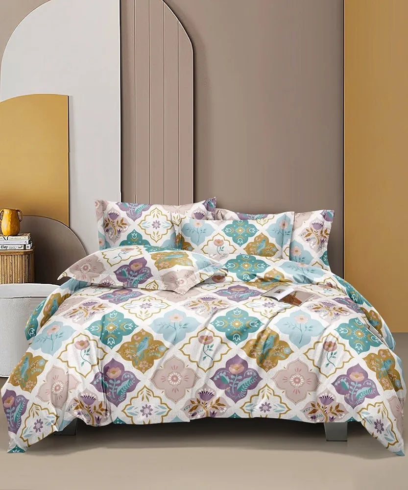The Home Style Supersoft Cotton Feel Glace Cotton King Size Printed Flat Double Bedsheet wih 2 Pillow Cover 400 TC Vanilla Haze
