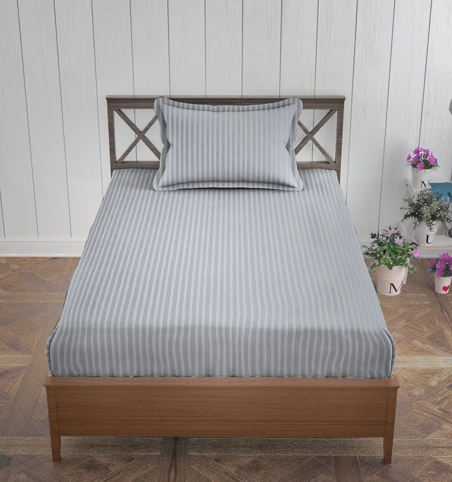 Trance Home Linen 100% Cotton 78x36 inch Single Fitted 200TC Satin Stripe Elastic Fitted Bedsheet with 1 Pillow Covers Colour Silver Grey