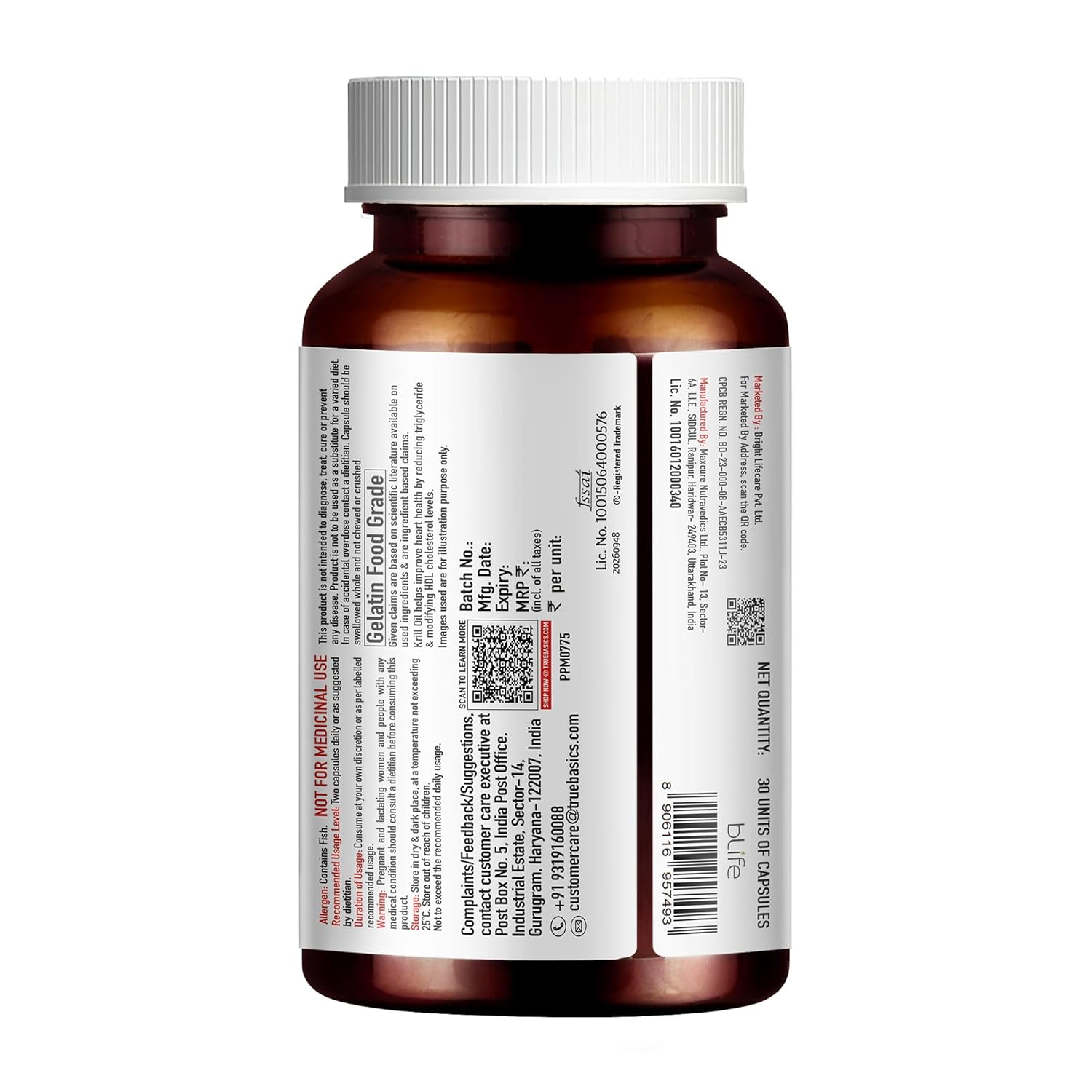 TrueBasics Heart Omega 3 Antarctic Krill Oil (30 Capsules)|With Clinically Researched 100% Pure Krill Oil|For Healthy Heart,Reduces Cholesterol & Triglycerides,1 Count