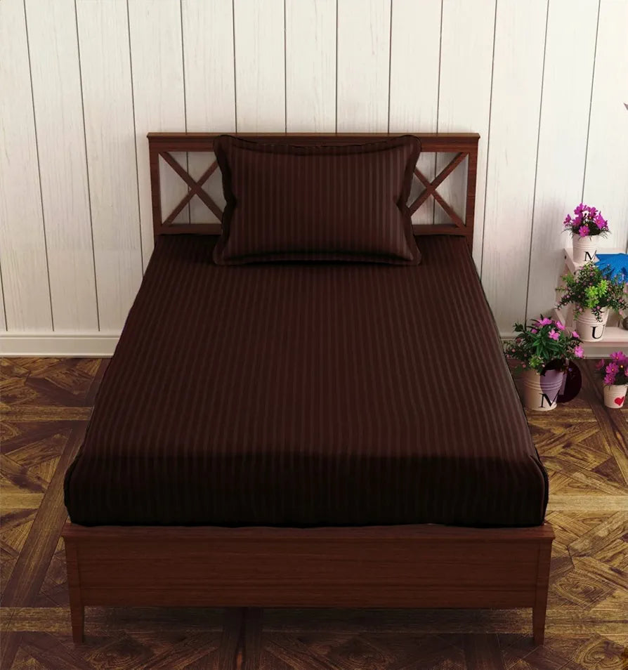 Trance Home Linen 100% Cotton 78X36 Inch Single Fitted 200Tc Satin Stripe Elastic Fitted Bedsheet With 1 Pillow Covers Colour Chocolate Brown