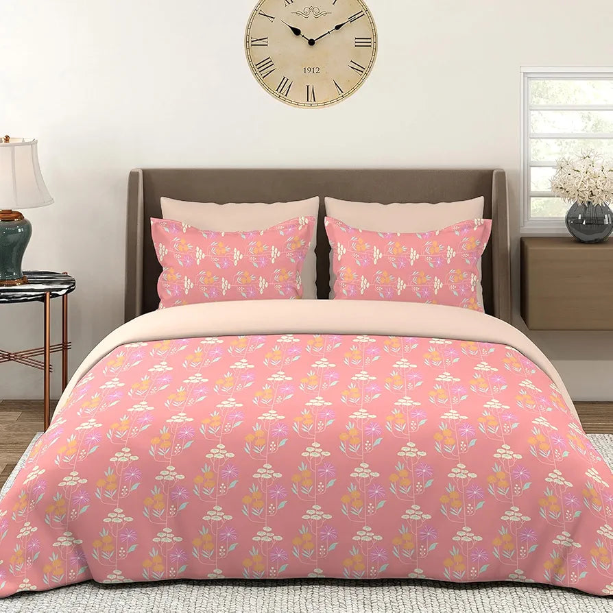 Layers Tivoli Cotton Bedsheet Set for All Seasons Lightweight 104 TC Queen Size Beige/Blue Color