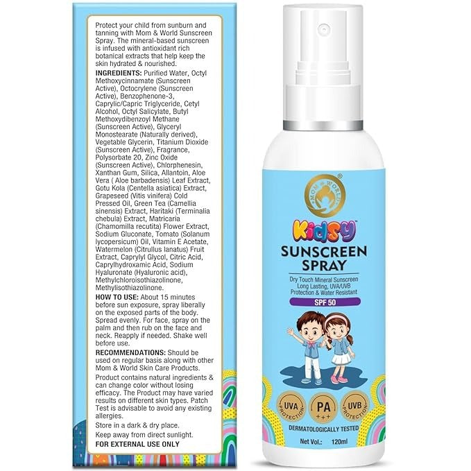 Mom & World Mineral Based Kids Sunscreen Spray SPF 50 - 120 ml (Pack of 2)