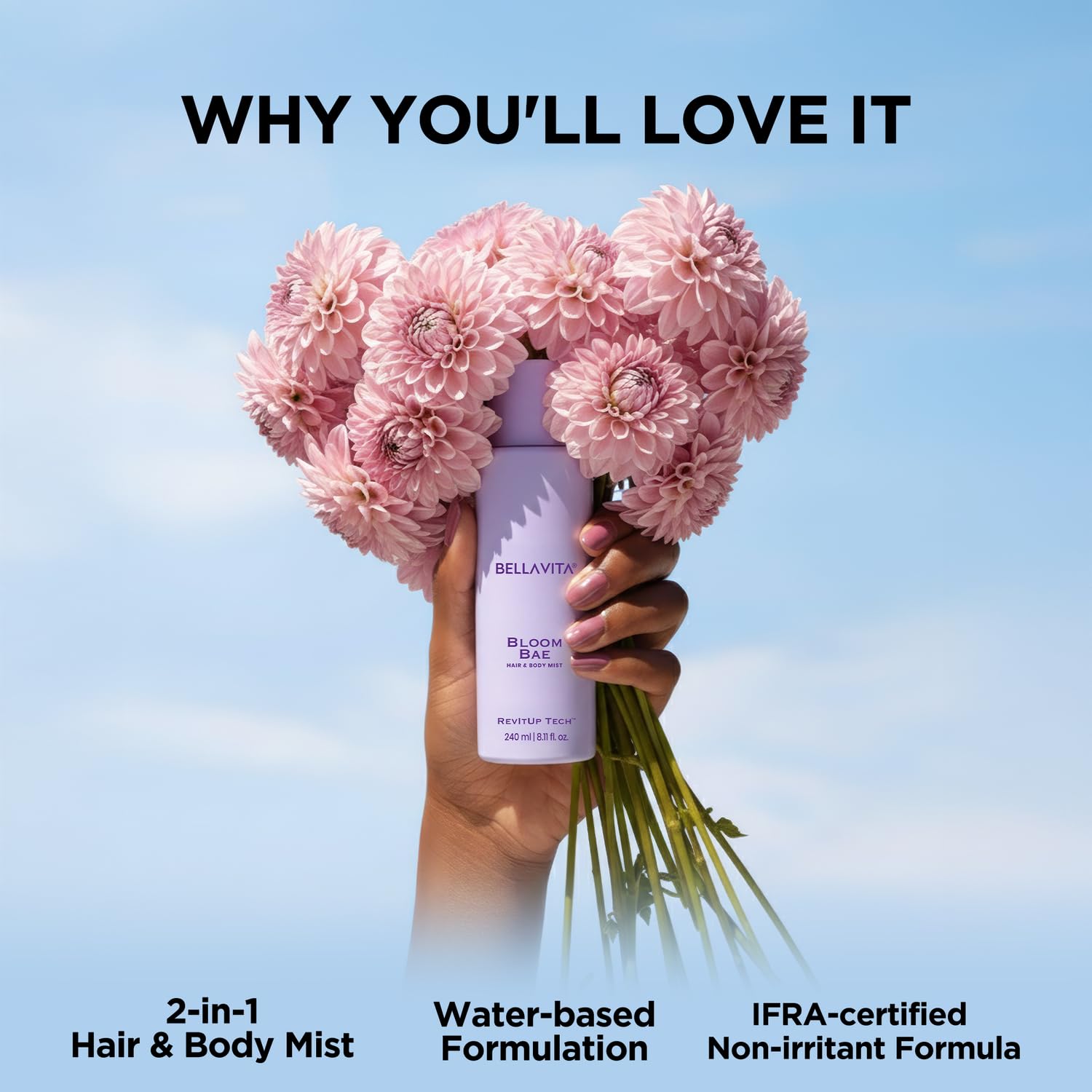 Bellavita Bloom Bae | 2 in 1 Hair and Body Mist | 240ml | Long Lasting Premium Body Mist for Woman, Girl | Water based formulation