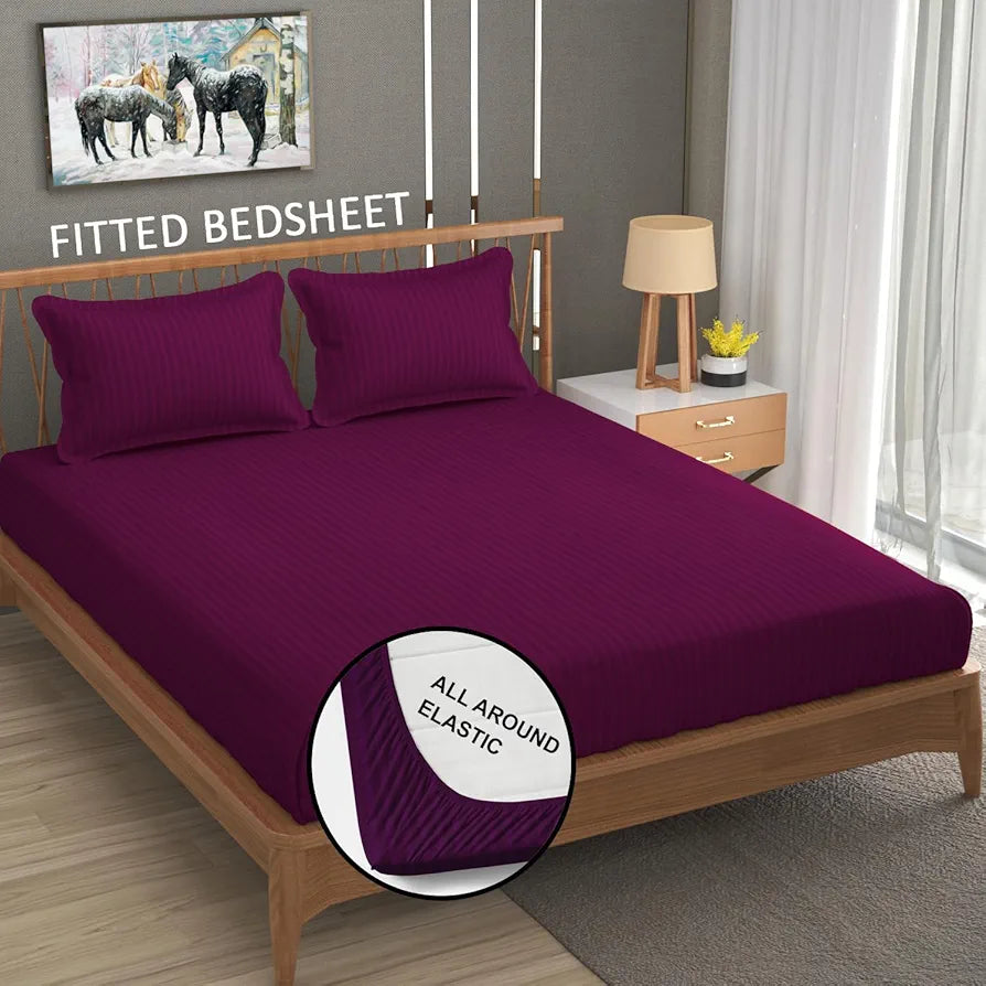 Homefab India 160 TC Stripe Cotton Feel Glace Cotton Elastic Fitted King Size Double Bed Bedsheet with 2 Pillow Covers Fits Upto 6 inches Mattress Dark Pink