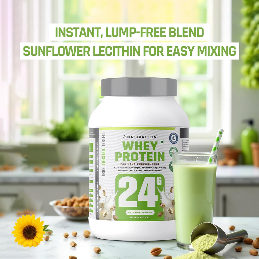 NATURALTEIN Natural Whey Protein â€“ 24g Protein per Serving | Pista Kulfi Flavour | Stevia Sweetened | No Added Sugar | Non-GMO | Soy-Free & Gluten-Free | Super Mixability | 1 kg