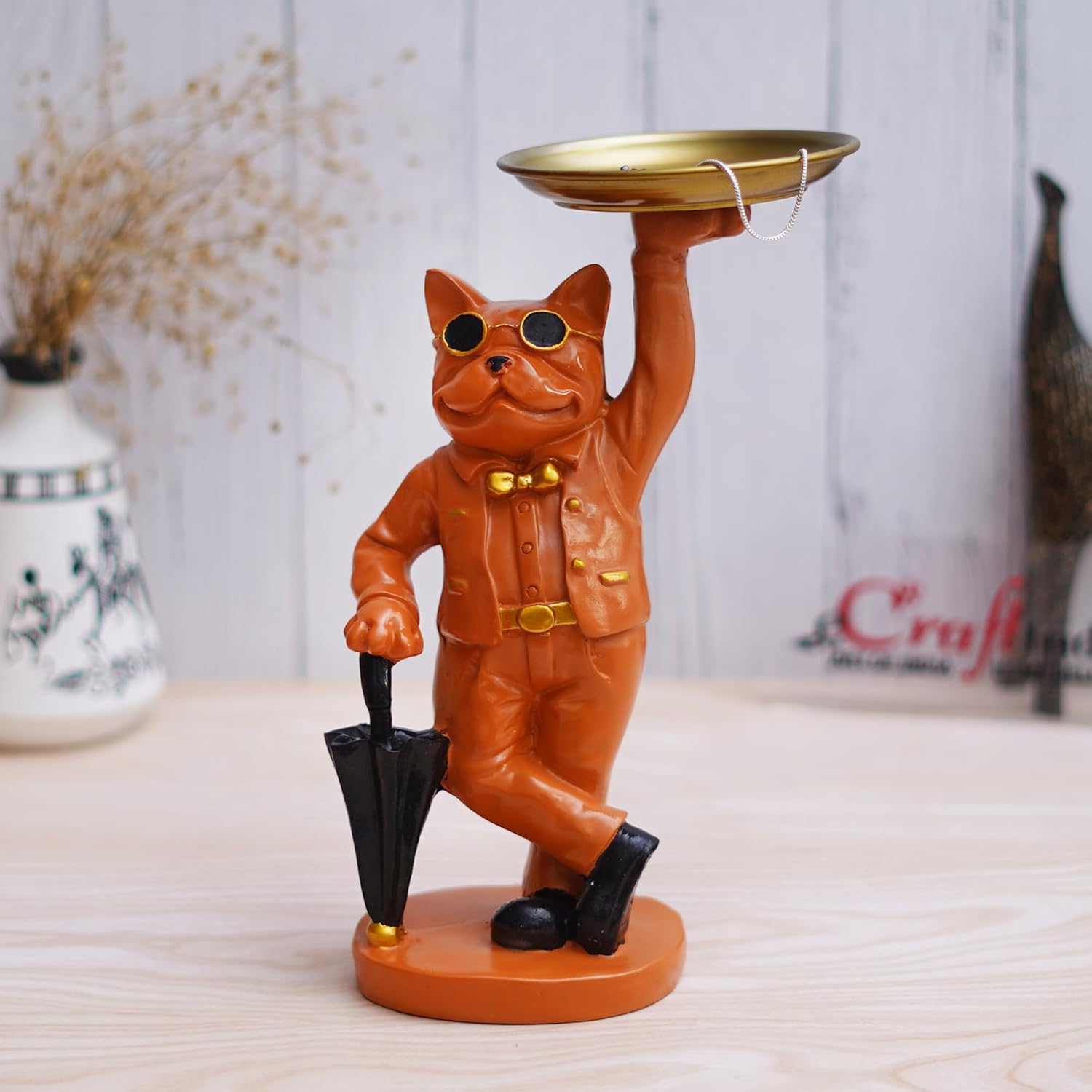 Ecraftindia Orange Bulldog Statue in Glasses Holding Black Umbrella and Tray in Hands Table Top Decorative Showpiece