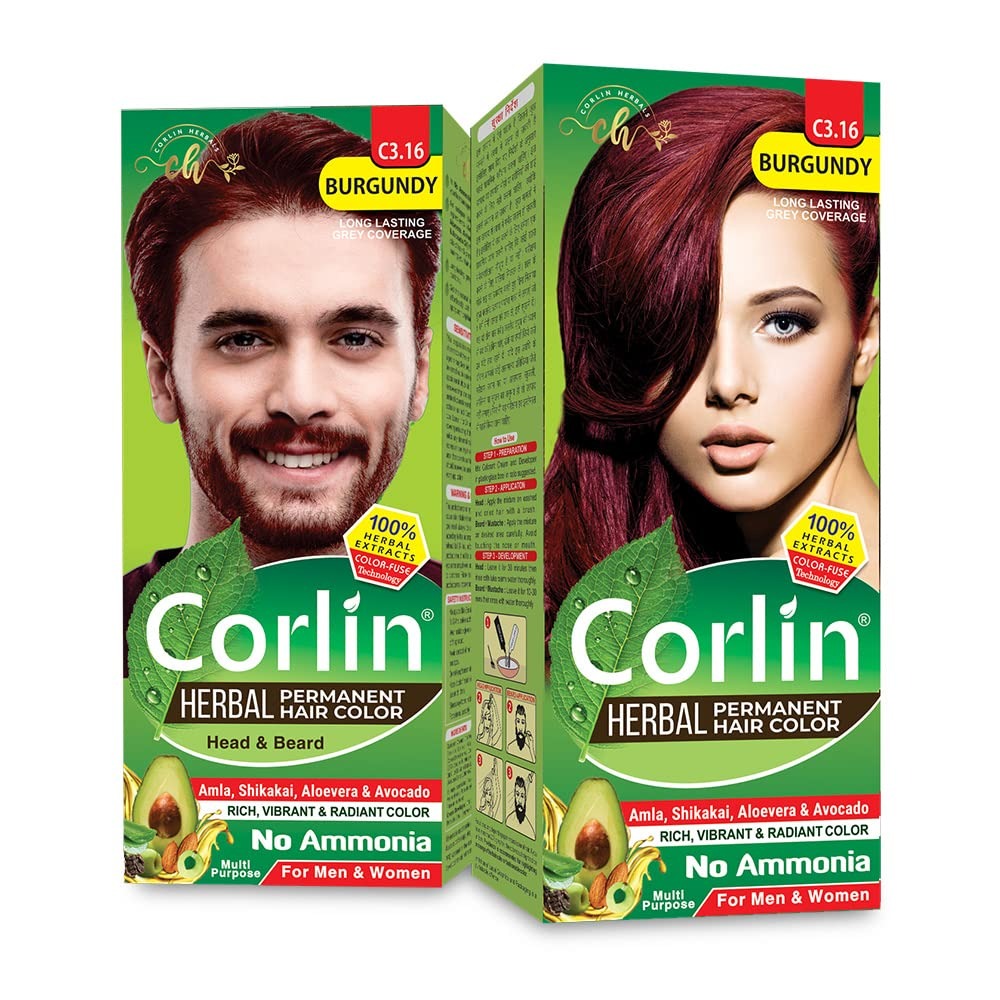 Corlin Herbal Permanent Hair Color Cream Burgundy C3.16 - 100 gms (Pack of 2)