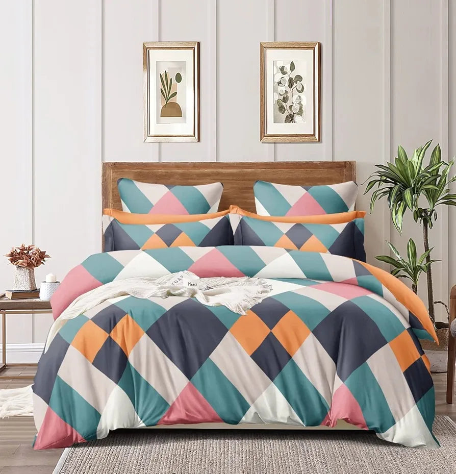 The Home Style Supersoft Cotton King Size Printed Flat Double Bedsheet with 2 Pillow Cover 300 TC Multicolor Abstract