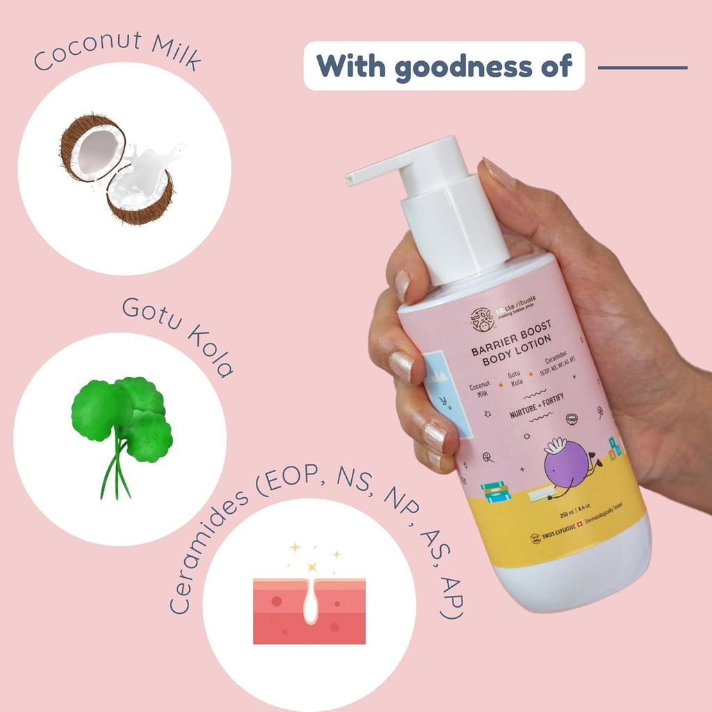 Little Rituals Barrier Boost Baby Body Lotion | Ceramide, Coconut Milk, Gotu Kola | Natural, Organic, Dermat Tested, Swiss Technology | Made Safe | Moisturizing & Nourishing | 250 ml