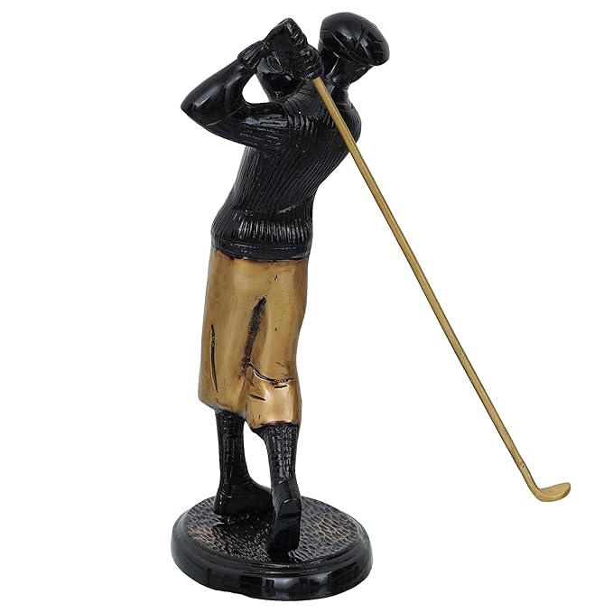 Ecraftindia Brown & Golden Man Playing Golf Antique Finish Handcrafted Decorative Brass Showpiece