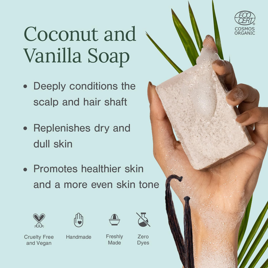 Juicy Chemistry Ultra Moisturising & Luxury Organic Soap, 100g | With Vanilla & Coconut | Hydrating & Nourishing Cold-processed Soap for Skin & Hair | Deeply Conditioning | For Daily Face & Body Cleansing