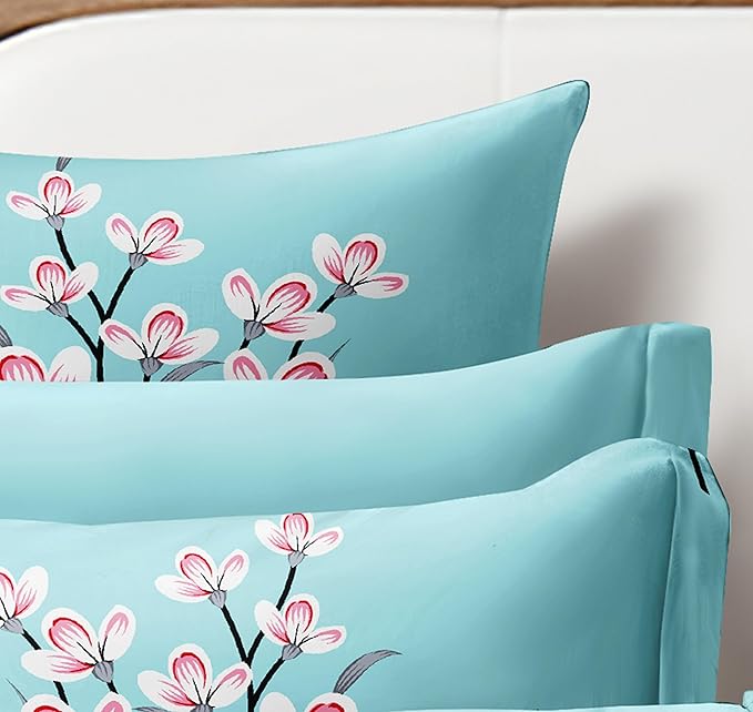 Cortina 140 Tc 100% Microfiber Printed Double Bedsheet Set With Two Pillow Case | 90x100 Inches | Leaf | Sky Blue