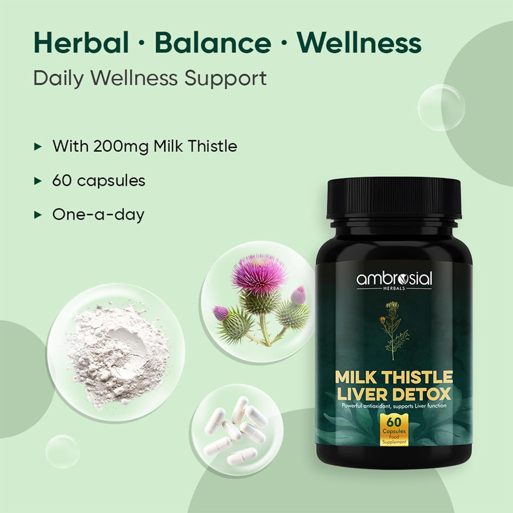 Ambrosial Milk Thistle Liver Detox Supplement| Milk Thistle Capsules for Liver with Dandelion Root | High Strength Herbal Antioxidant Complex for Liver Support (Pack of 1-60 Capsules)